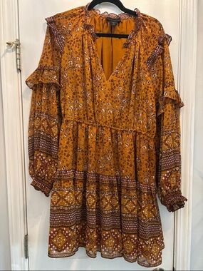 House of Harlow 1960 Mustard Floral Boho Tiered Long-Sleeve Dress